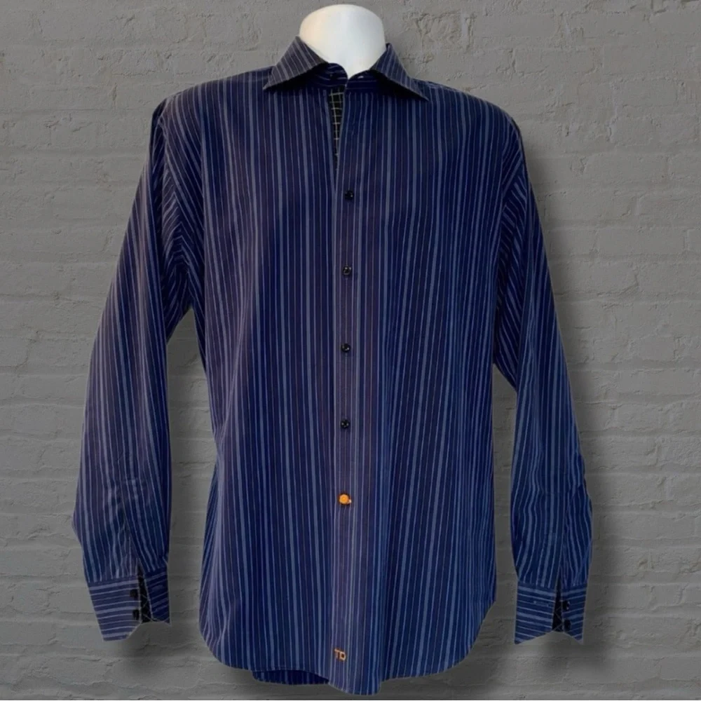 Thomas Dean Men’s Button-Down Shirt L • Navy Multi Stripe • Contrast Cuffs - Picture 2 of 13